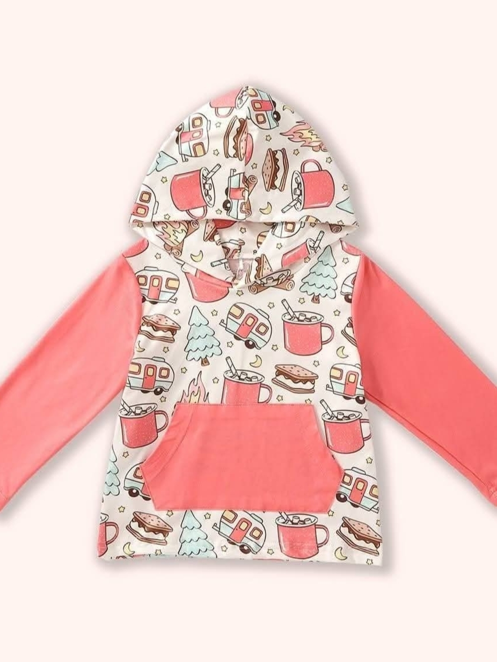 Kids' Coral Pullover Hoodie with Camper & Cocoa Pattern